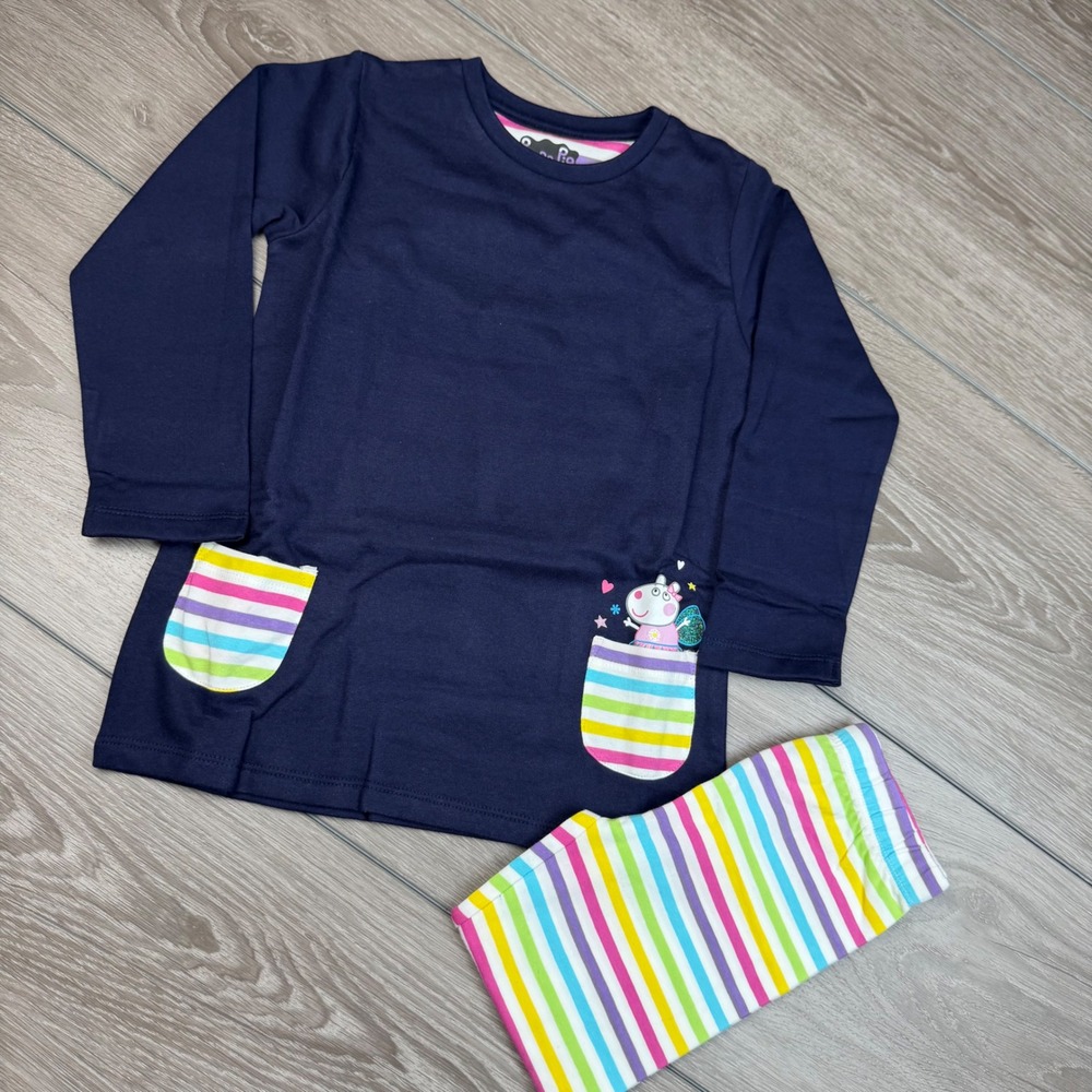 Peppa Pig Girls 2-Piece Set Tunic Rainbow Leggings Navy Blue Size 3T/4